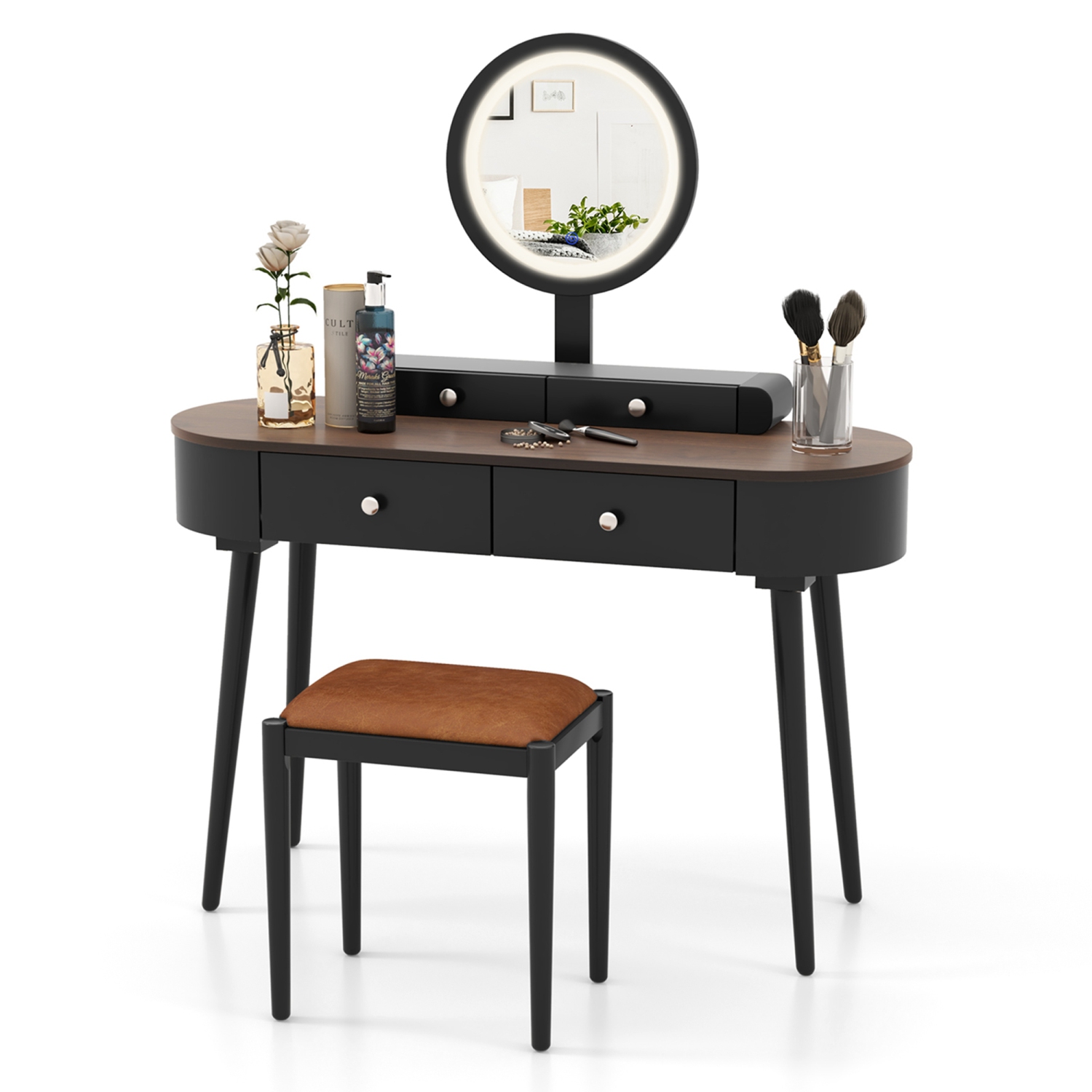 Costway Solid Wood Makeup Vanity Desk Set with LED Lighted Mirror Drawers Cushioned Stool