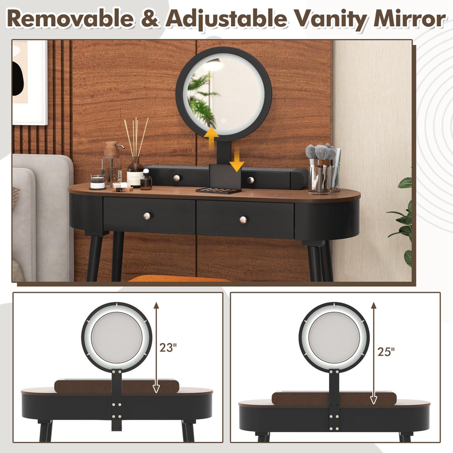 Costway Solid Wood Makeup Vanity Desk Set with LED Lighted Mirror Drawers Cushioned Stool