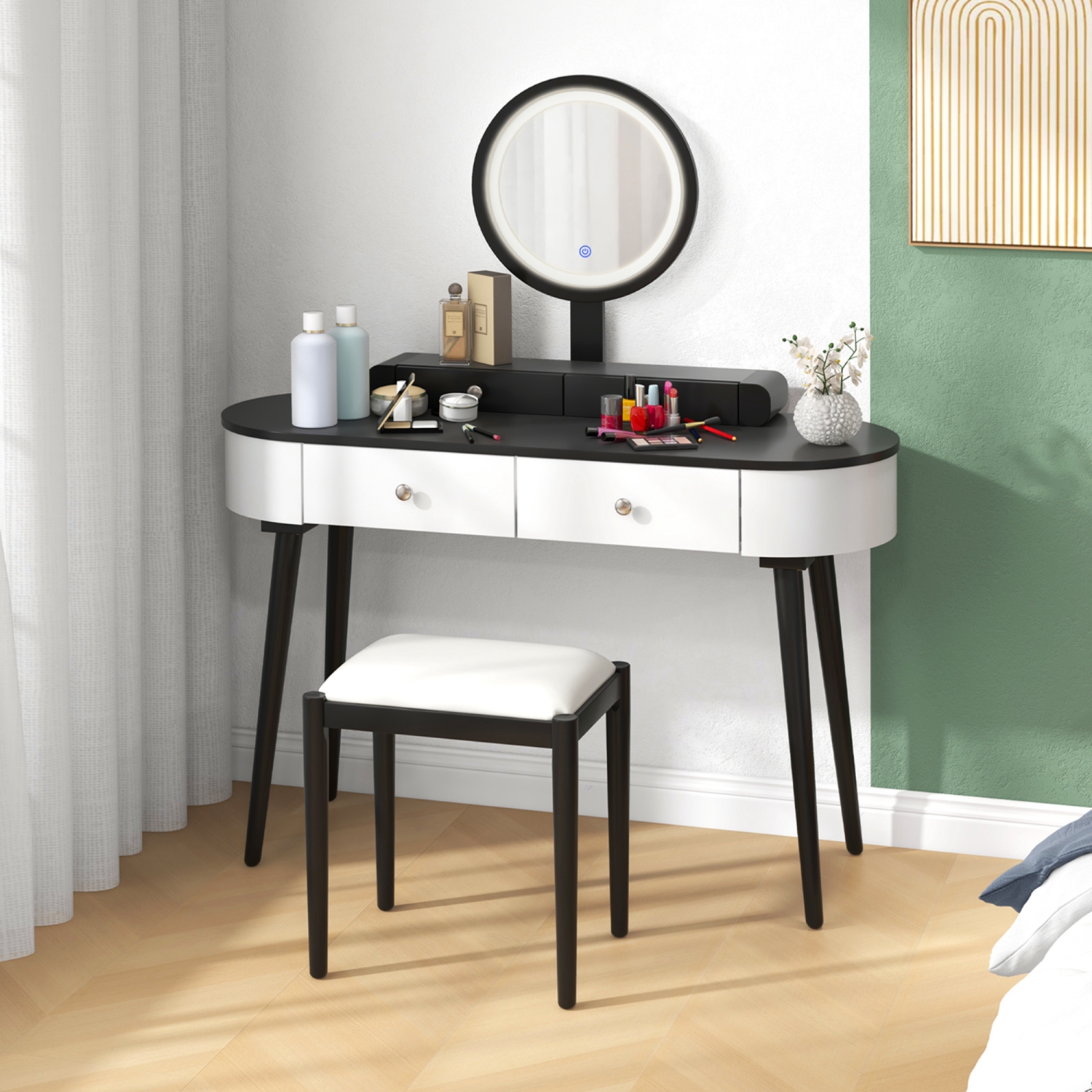 Ensemble coiffeuse de maquillage en bois massif avec tiroirs miroir éclairés à DEL de Costway