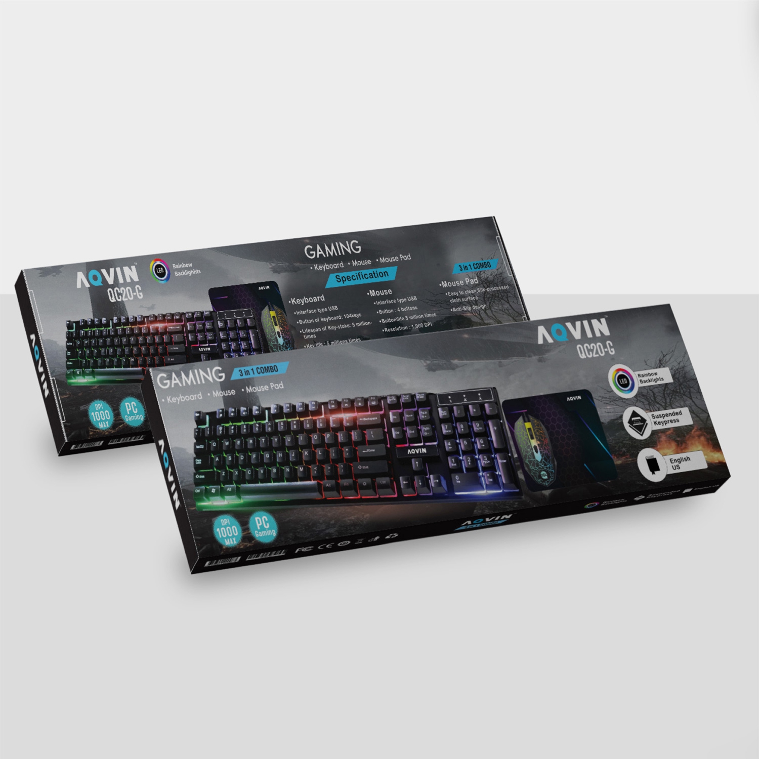 Ensemble clavier et souris de jeu RVB AQVIN avec pavé pour les joueurs ~ Touches de capacité multimédia et anti-effet fantôme ~ Design ergonomique -