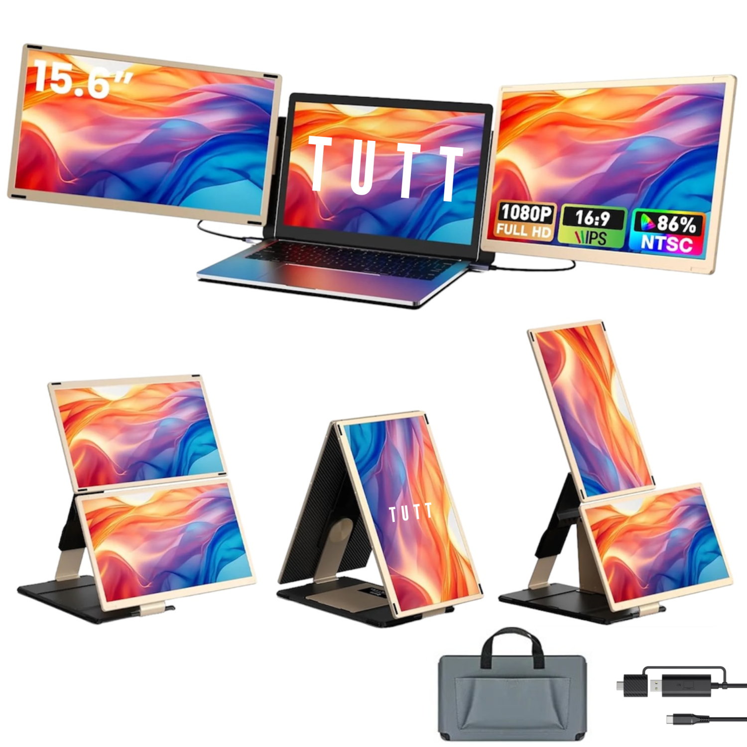 TUTT S6 (New Generation) 15.6" Triple Portable Monitor Screen Extender For All Devices with USB-C HDMI Port | H5 2-in-1 High Definition Video Transmission Cable | Rose Gold Black