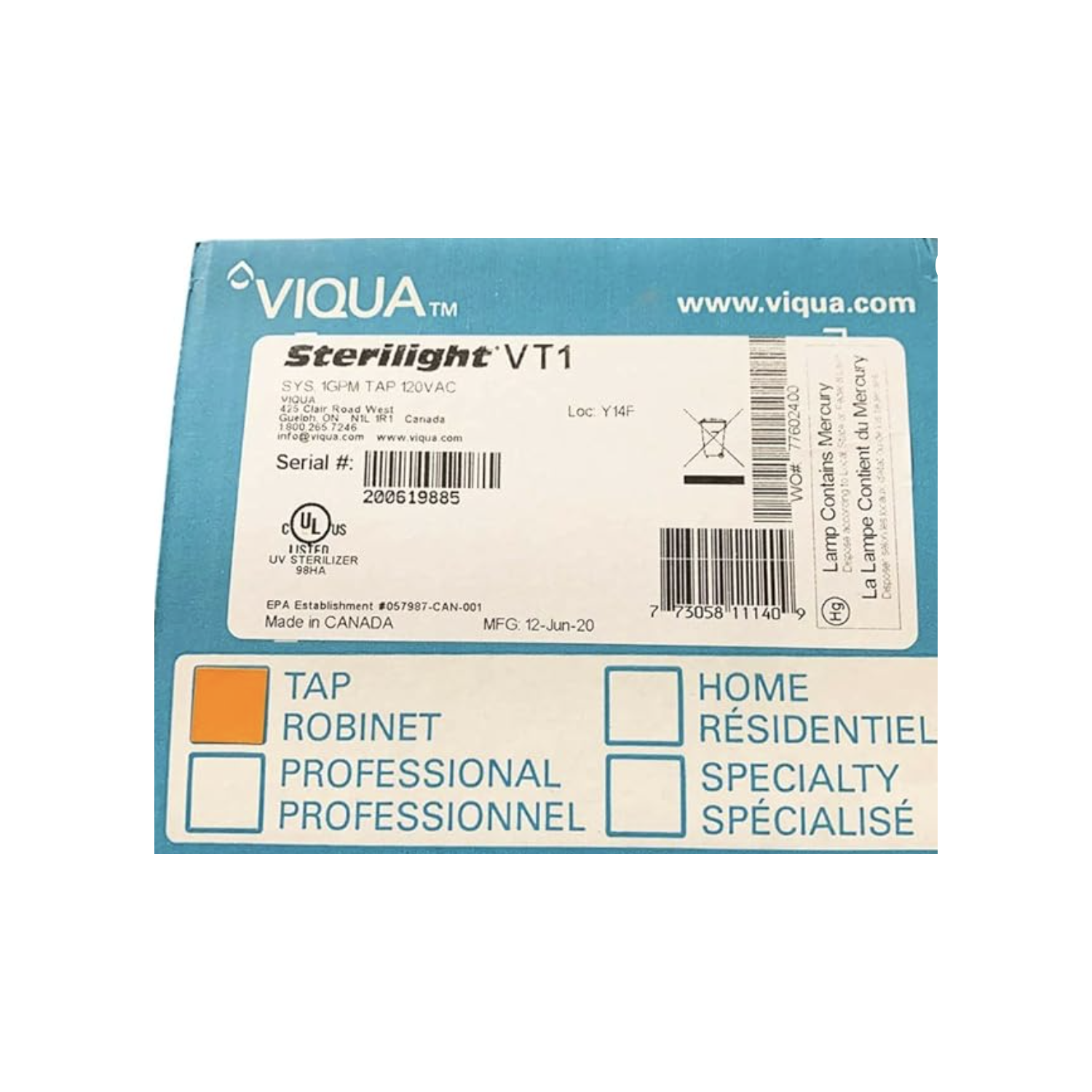 VIQUA VT1 Tap Ultraviolet Water System - 1GPM 120V