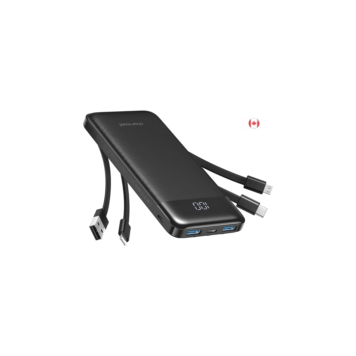 10000mAh Power Bank with Built-In Cable - USB C Battery Pack, 6 Outputs, 2 Inputs, LED Display, Portable Charger for Smartphones, Tablets, and More