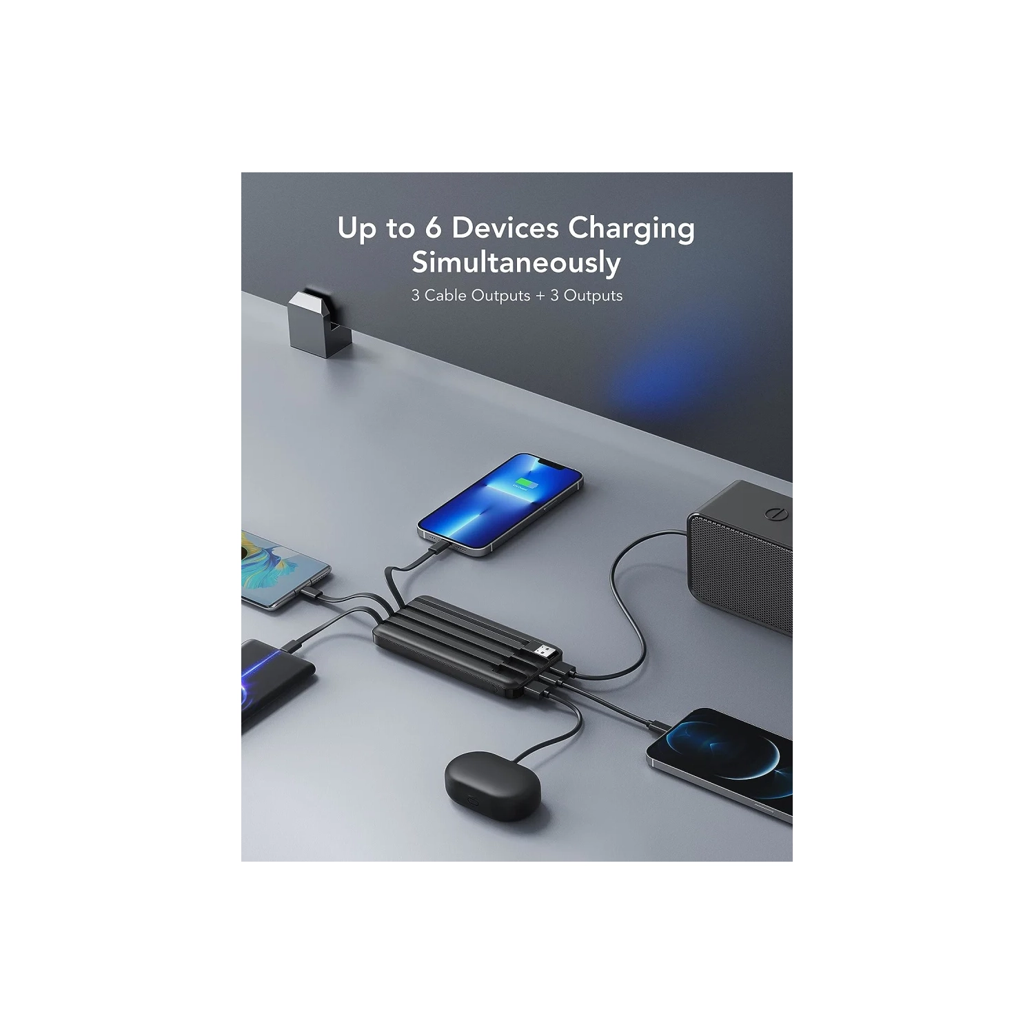 10000mAh Power Bank with Built-In Cable - USB C Battery Pack, 6 Outputs, 2 Inputs, LED Display, Portable Charger for Smartphones, Tablets, and More