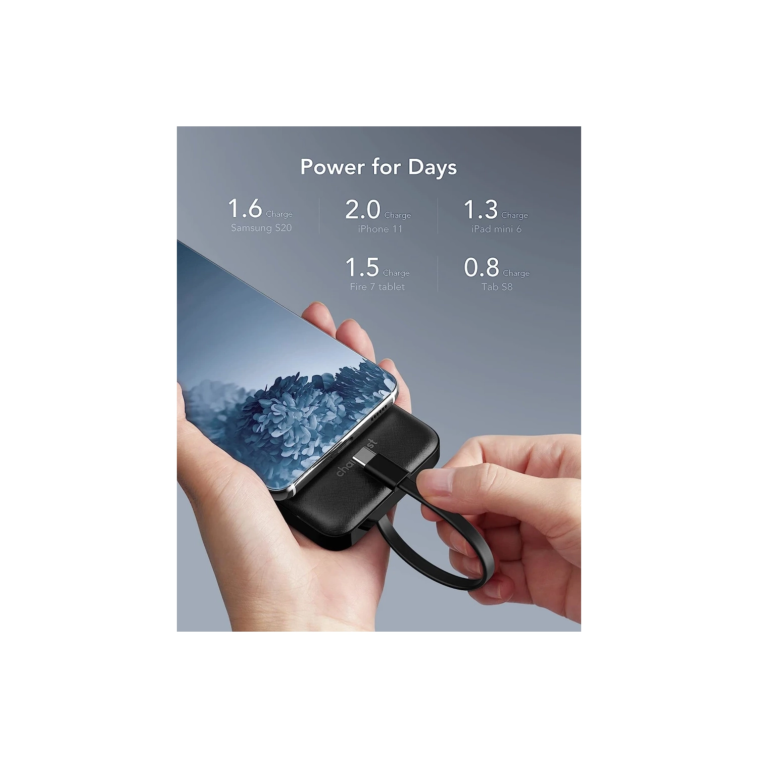 10000mAh Power Bank with Built-In Cable - USB C Battery Pack, 6 Outputs, 2 Inputs, LED Display, Portable Charger for Smartphones, Tablets, and More