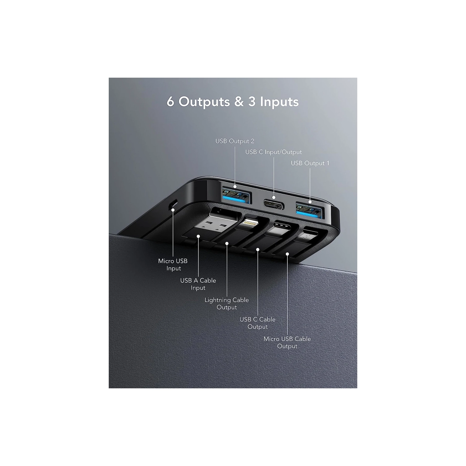 10000mAh Power Bank with Built-In Cable - USB C Battery Pack, 6 Outputs, 2 Inputs, LED Display, Portable Charger for Smartphones, Tablets, and More