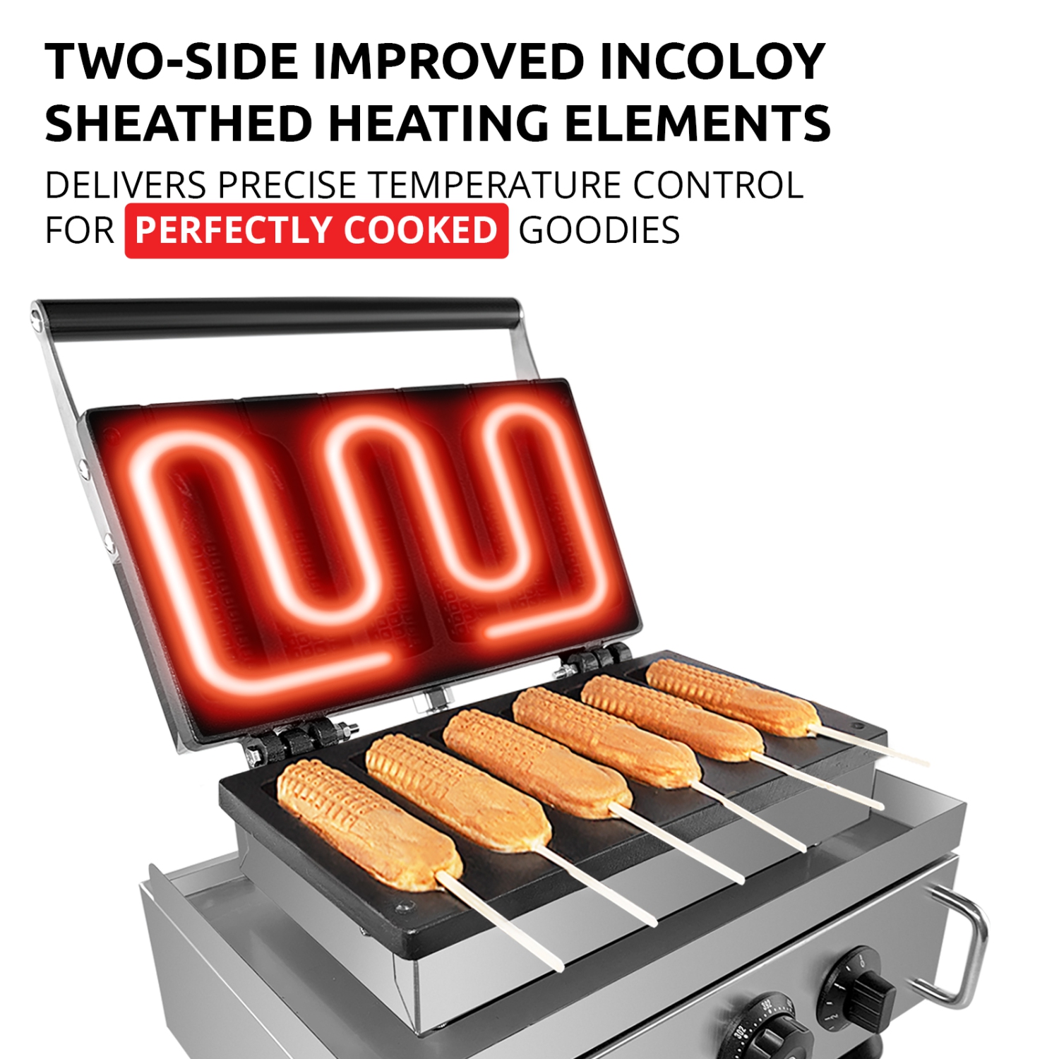 AP-529 Hot Dog Waffle Maker Commercial | Corn Dog Waffle Maker | 6 PCS | Hotdog Waffles on a Stick | Stainless Steel | 110V