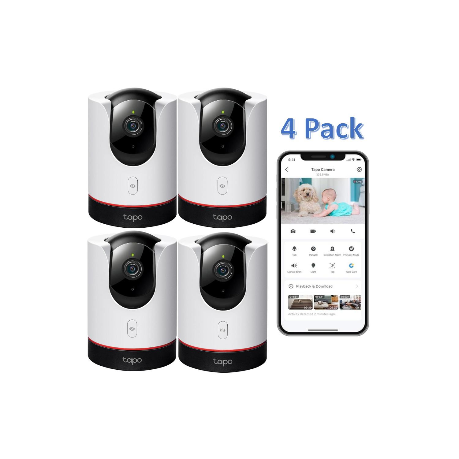 4 Pack - TP-Link Tapo 2K QHD Pan/Tilt Indoor Security WiFi Camera, 360° Panoramic View, Human & Pet AI Detection, Night Vision w/Starlight Sensor,