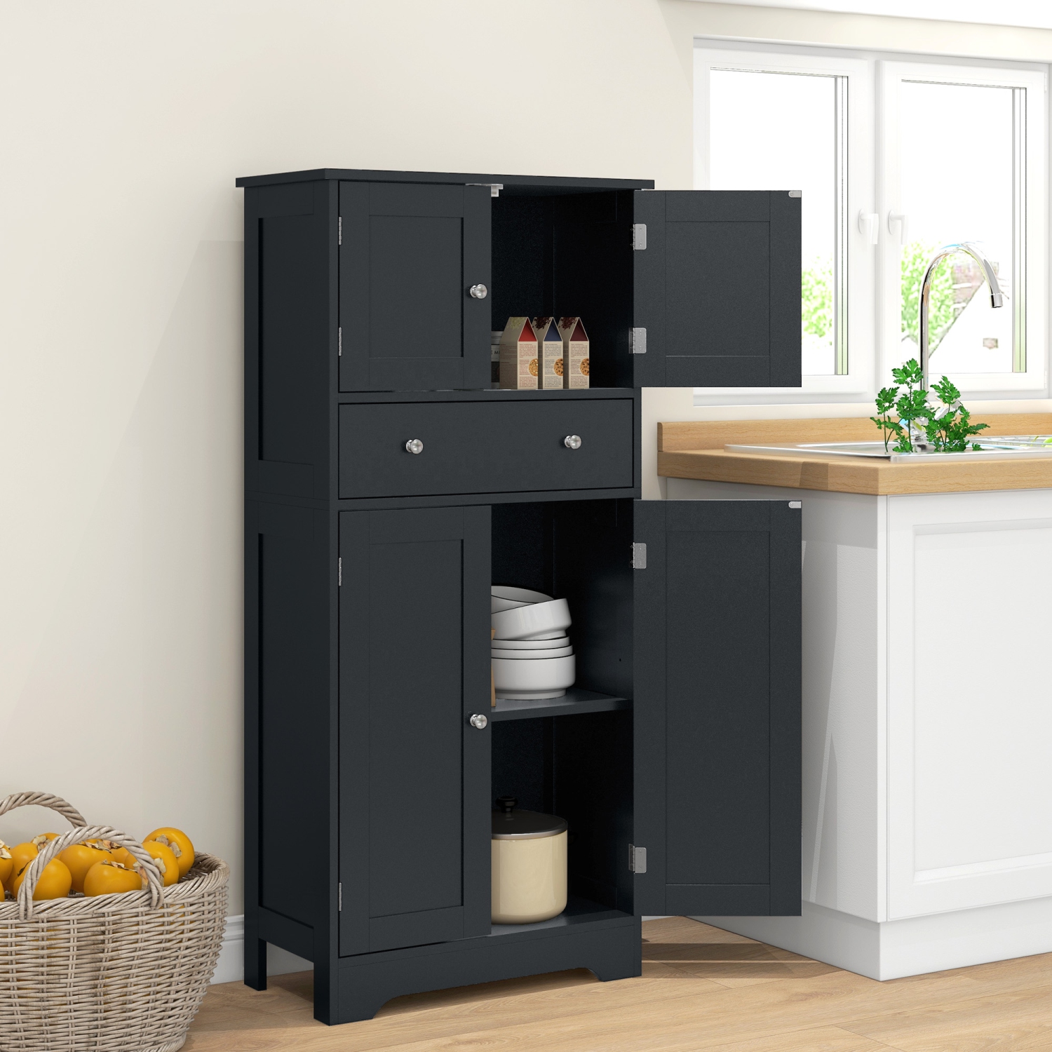 HOMCOM – Armoire garde-manger de 50,5&nbsp;po, armoire de rangement autonome moderne avec 4 portes, tiroir et tablette réglable, noir