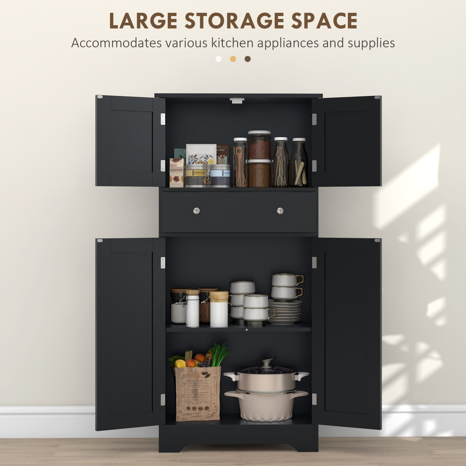 HOMCOM – Armoire garde-manger de 50,5&nbsp;po, armoire de rangement autonome moderne avec 4 portes, tiroir et tablette réglable, noir