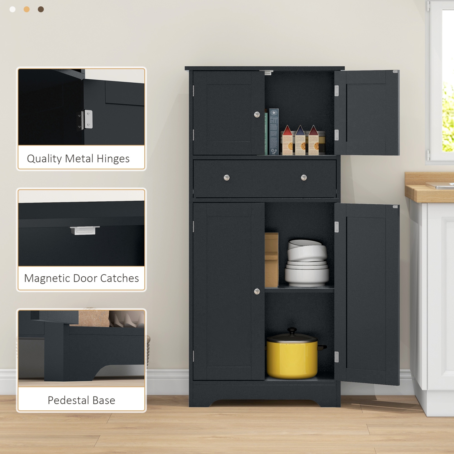 HOMCOM – Armoire garde-manger de 50,5&nbsp;po, armoire de rangement autonome moderne avec 4 portes, tiroir et tablette réglable, noir