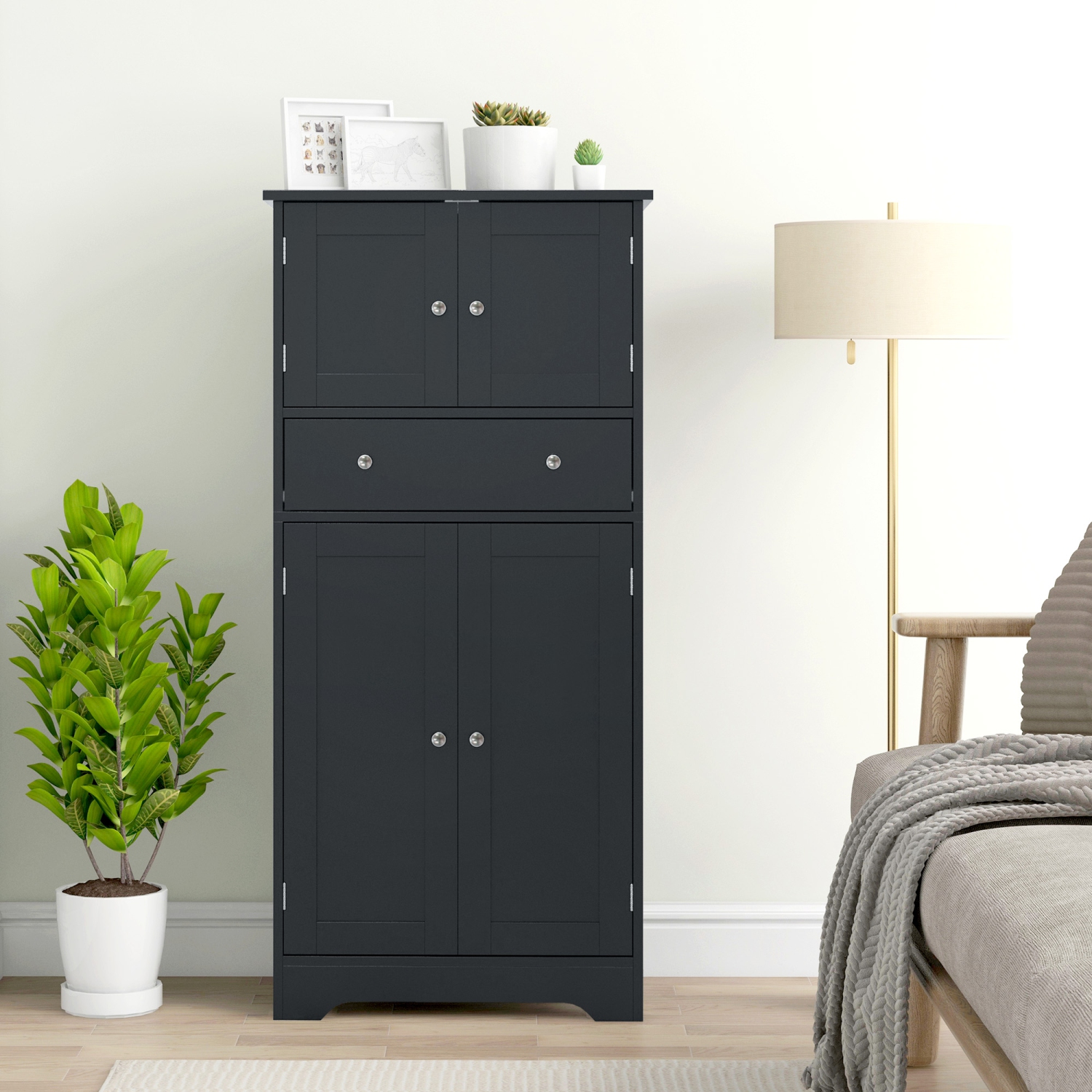 HOMCOM – Armoire garde-manger de 50,5&nbsp;po, armoire de rangement autonome moderne avec 4 portes, tiroir et tablette réglable, noir