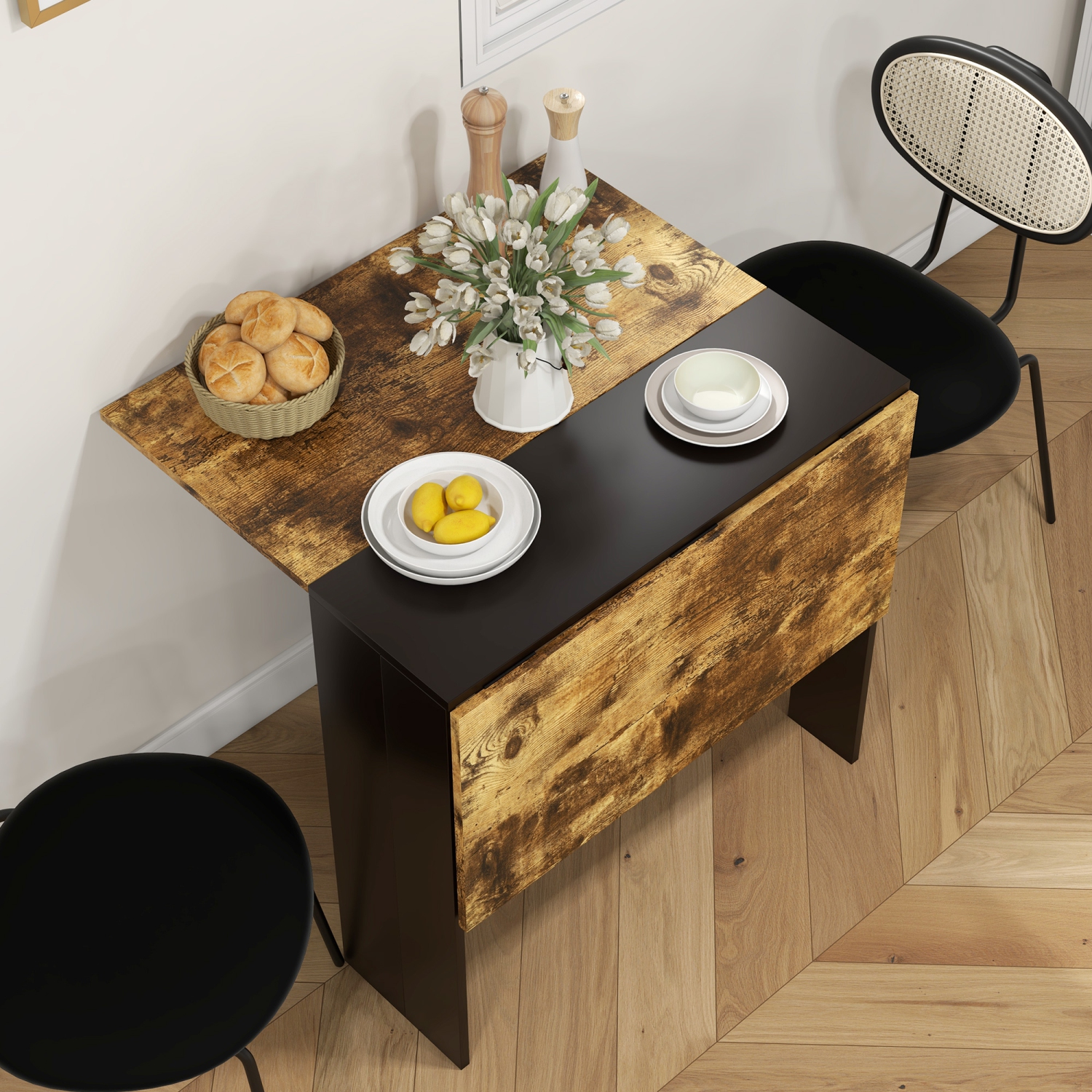 HOMCOM – Table de salle à manger pliante à abattant pour 2-4 personnes, table de cuisine compacte pour les petits espaces, brun rustique et noir