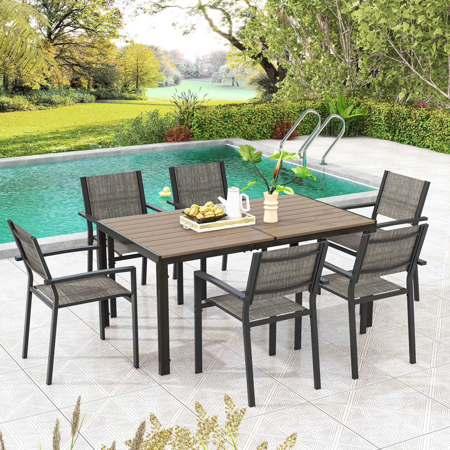 Costway 7 PCS Outdoor Dining Set with 6 Stackable Chairs & Large Rectangle Table Garden