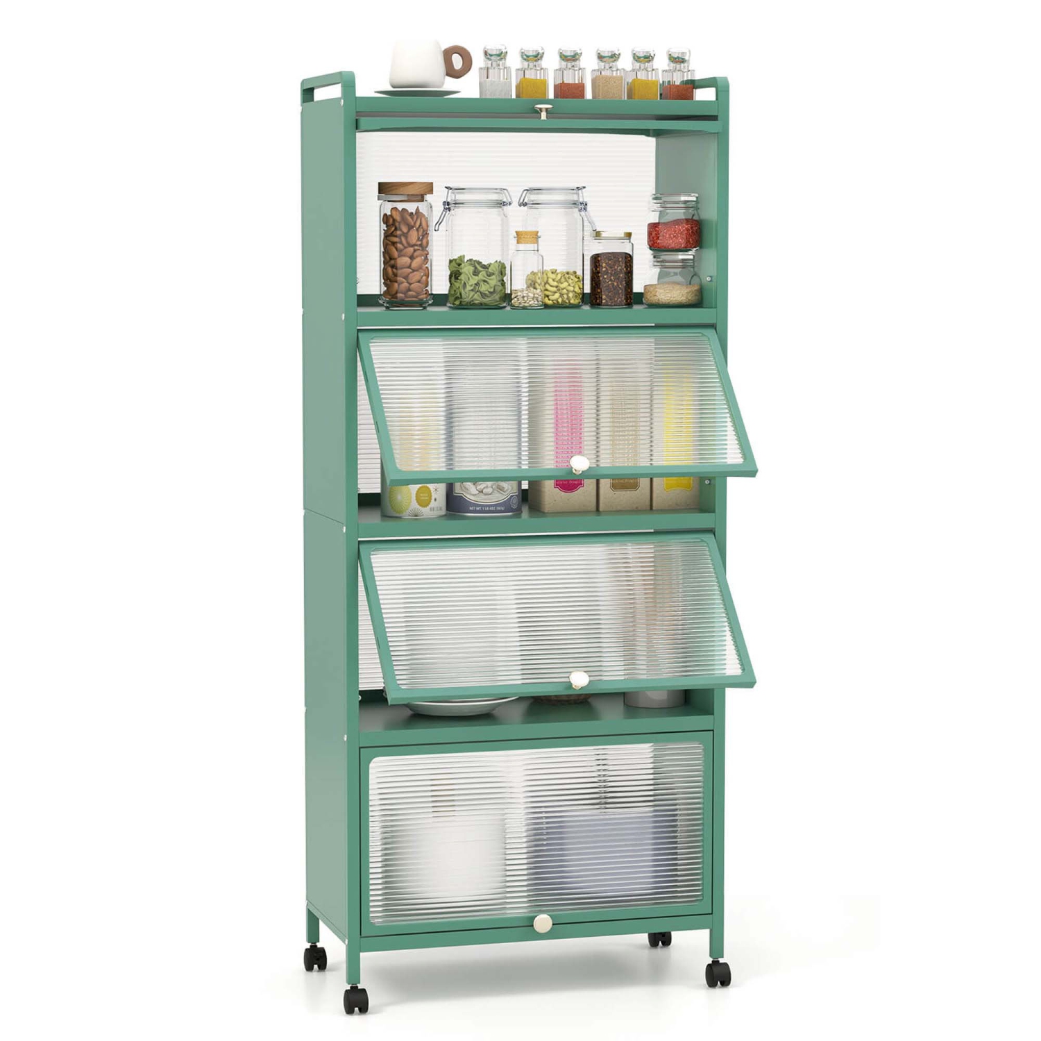 Costway 5-Tier Kitchen Baker's Rack Storage Cabinet Mobile Microwave Stand Flip-up Doors