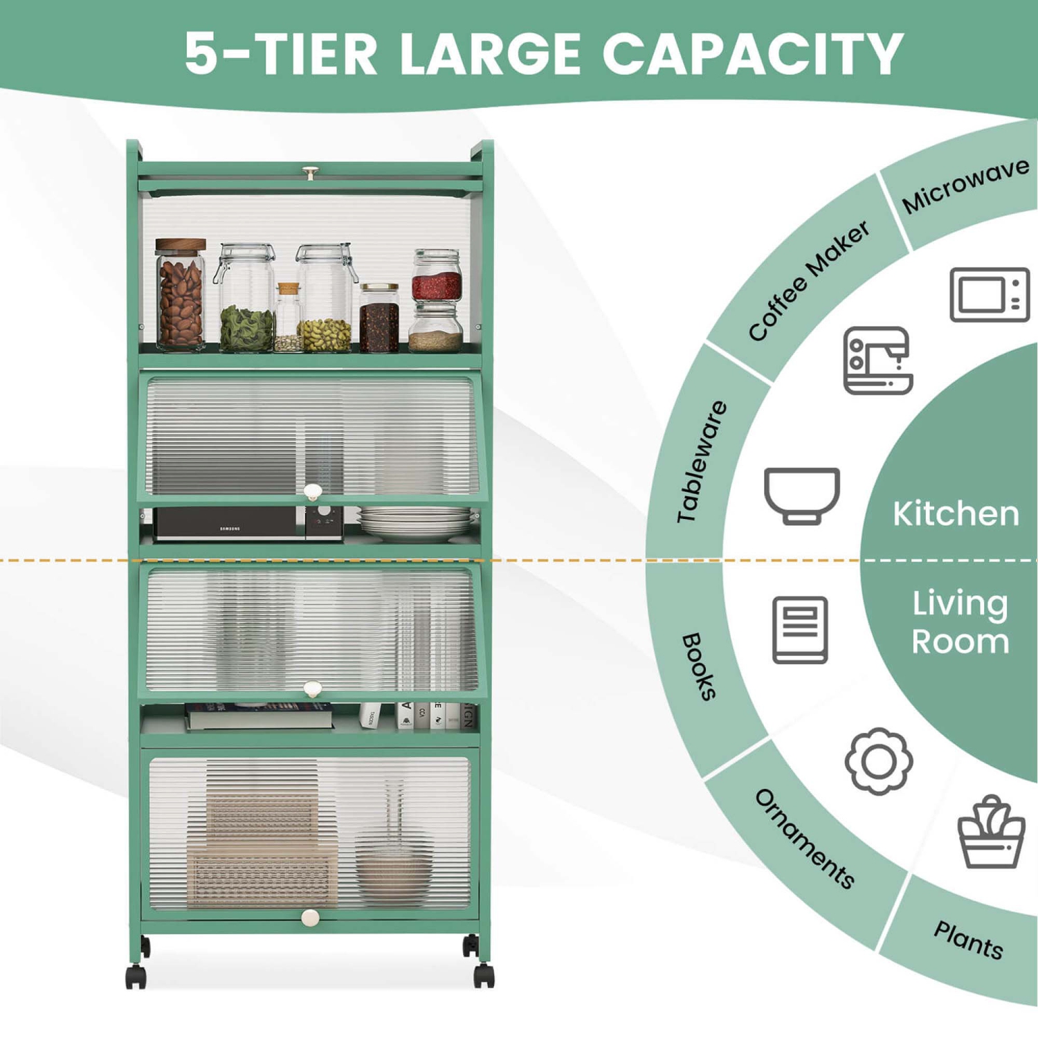 Costway 5-Tier Kitchen Baker's Rack Storage Cabinet Mobile Microwave Stand Flip-up Doors