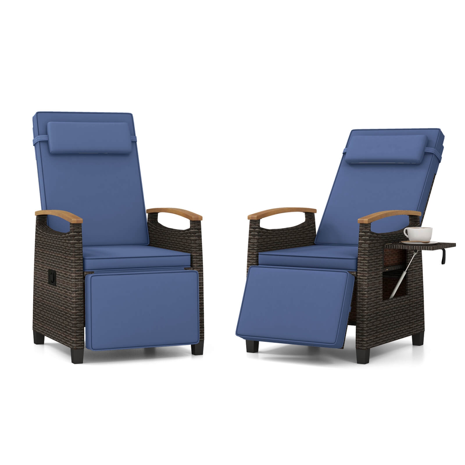 Fauteuil de patio inclinable en osier avec repose-pieds rabattable et dossier réglable de Costway 2 pièces, bleu marine