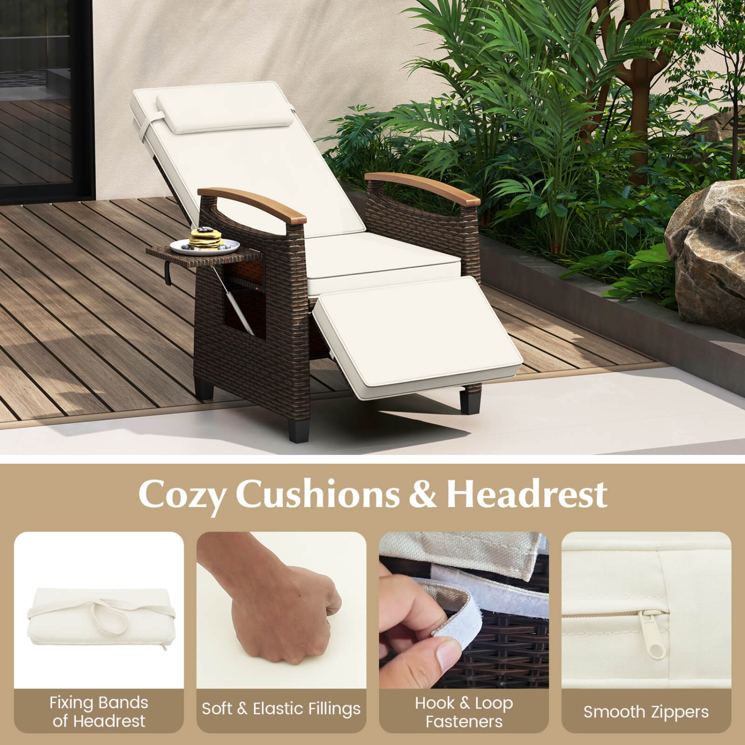 Fauteuil de patio inclinable en osier avec repose-pieds rabattable et dossier réglable de Costway 1 - Blanc