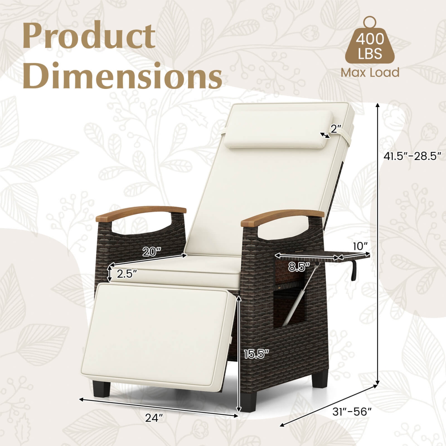 Fauteuil de patio inclinable en osier avec repose-pieds rabattable et dossier réglable de Costway 2 - Blanc