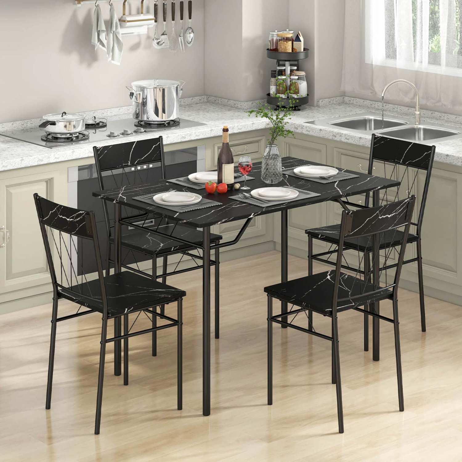 Costway 5PCS Dining Table Set for 4 Rectangular Kitchen Table & 4 Chairs with Metal Frame