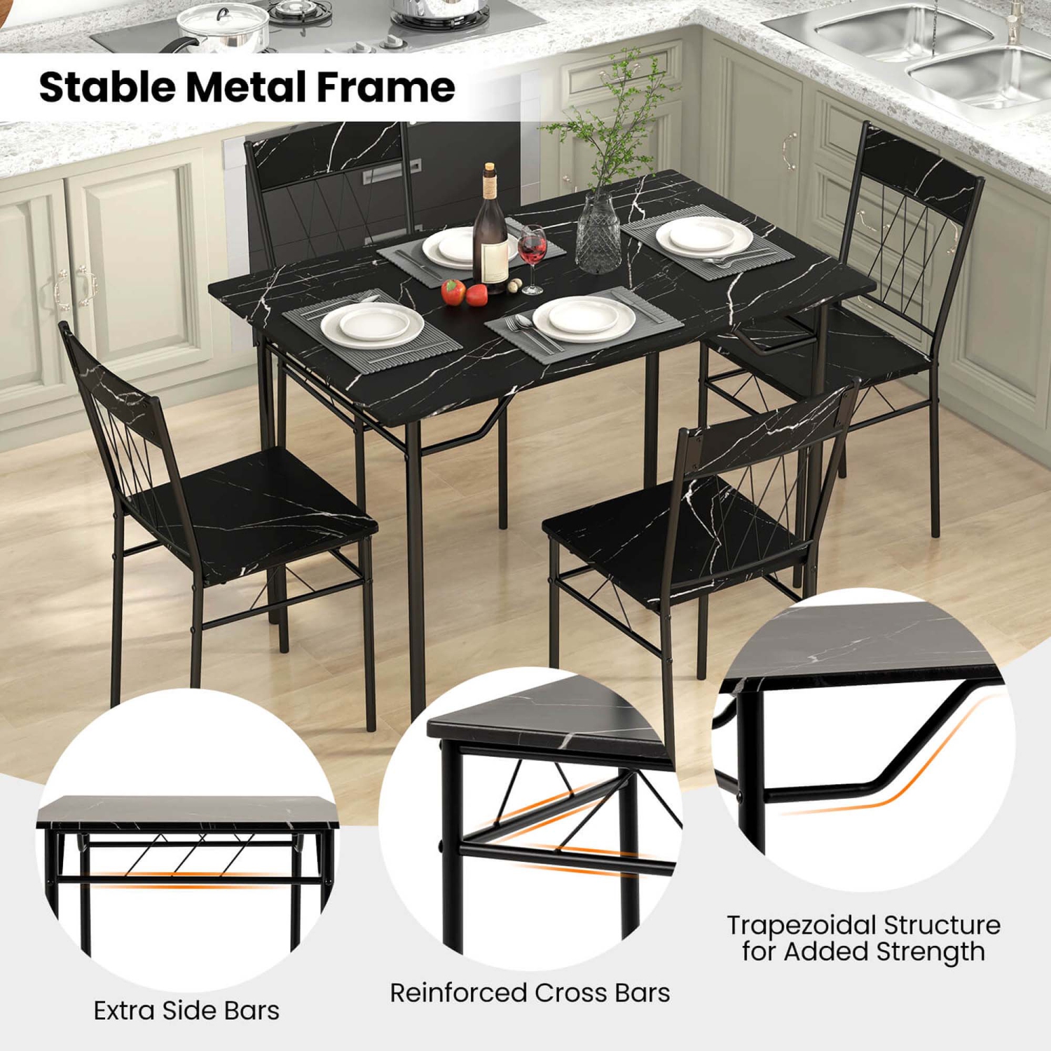 Costway 5PCS Dining Table Set for 4 Rectangular Kitchen Table & 4 Chairs with Metal Frame