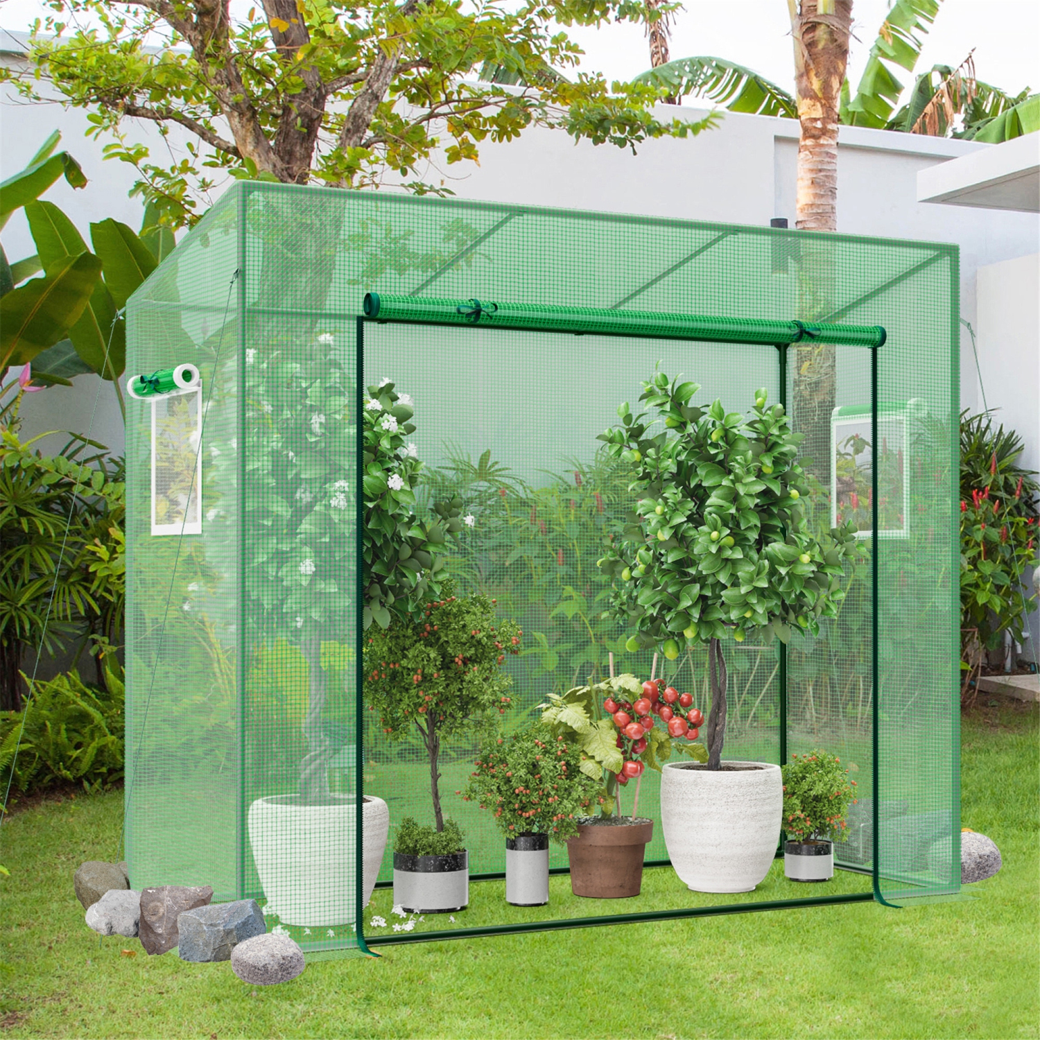 Gymax Portable Mini Greenhouse w/ PE Cover 4 Wind Ropes & Ground Stakes Zipper Door
