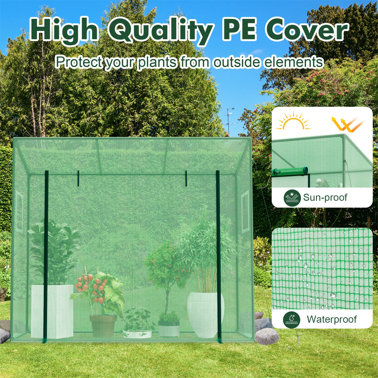 Gymax Portable Mini Greenhouse w/ PE Cover 4 Wind Ropes & Ground Stakes Zipper Door