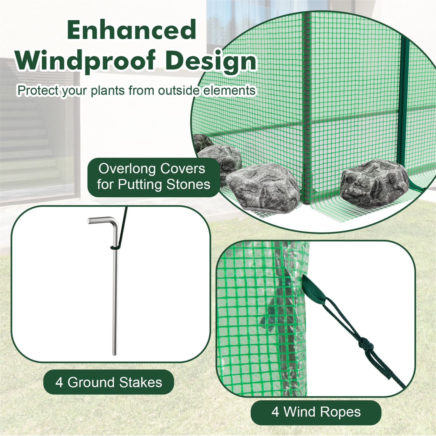 Gymax Portable Mini Greenhouse w/ PE Cover 4 Wind Ropes & Ground Stakes Zipper Door