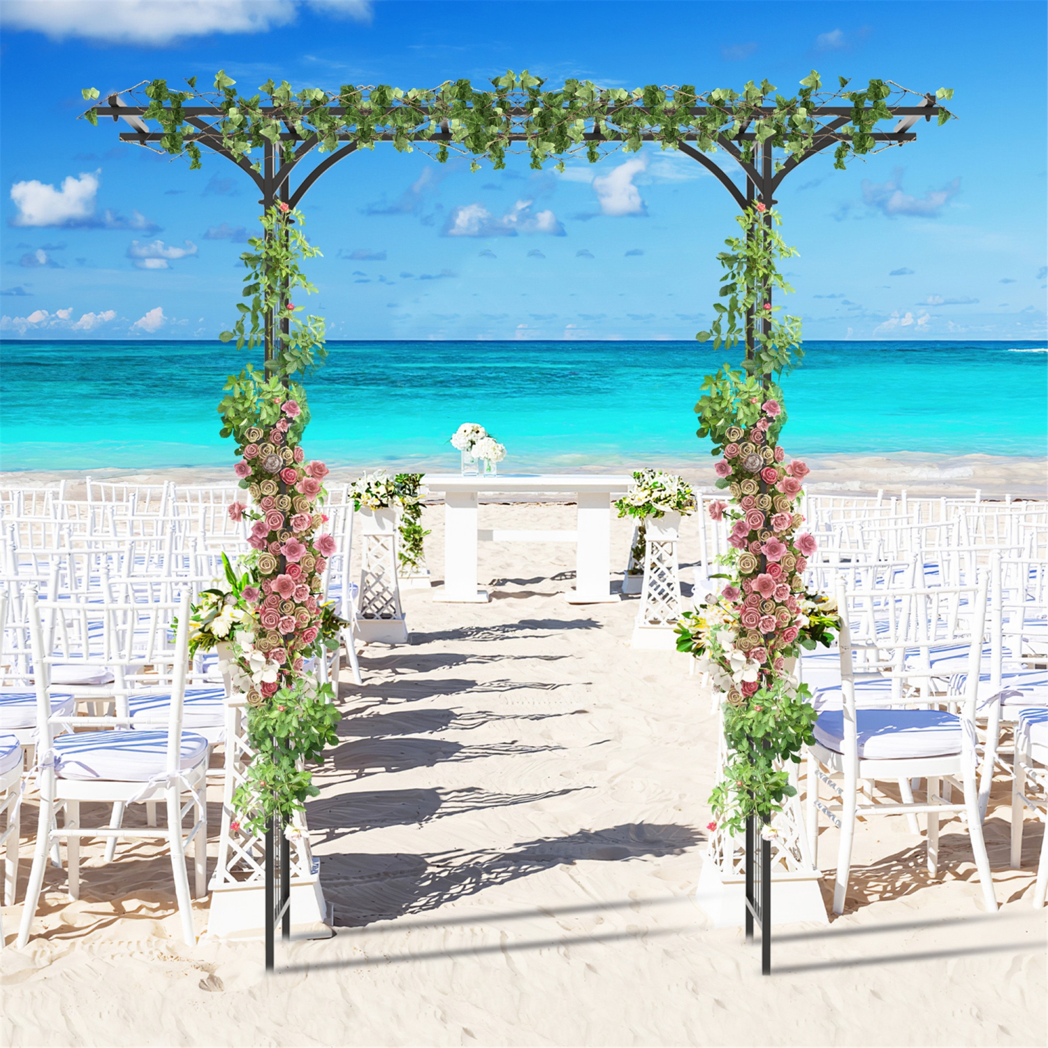 Gymax 6.8 FT Flat Top Garden Arch w/ Trellises & Extended Roof for Climbing Plants