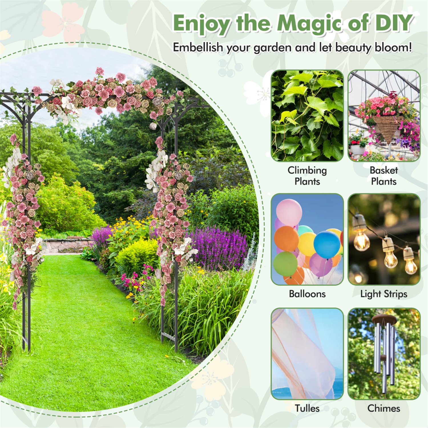 Gymax 6.8 FT Flat Top Garden Arch w/ Trellises & Extended Roof for Climbing Plants