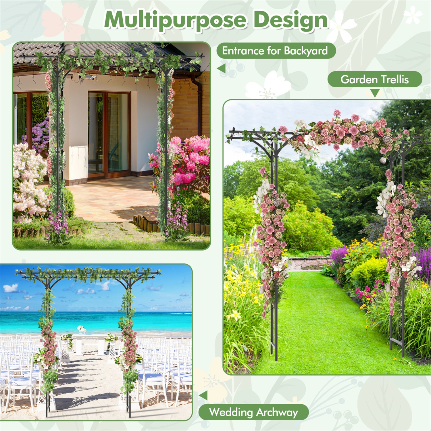 Gymax 6.8 FT Flat Top Garden Arch w/ Trellises & Extended Roof for Climbing Plants