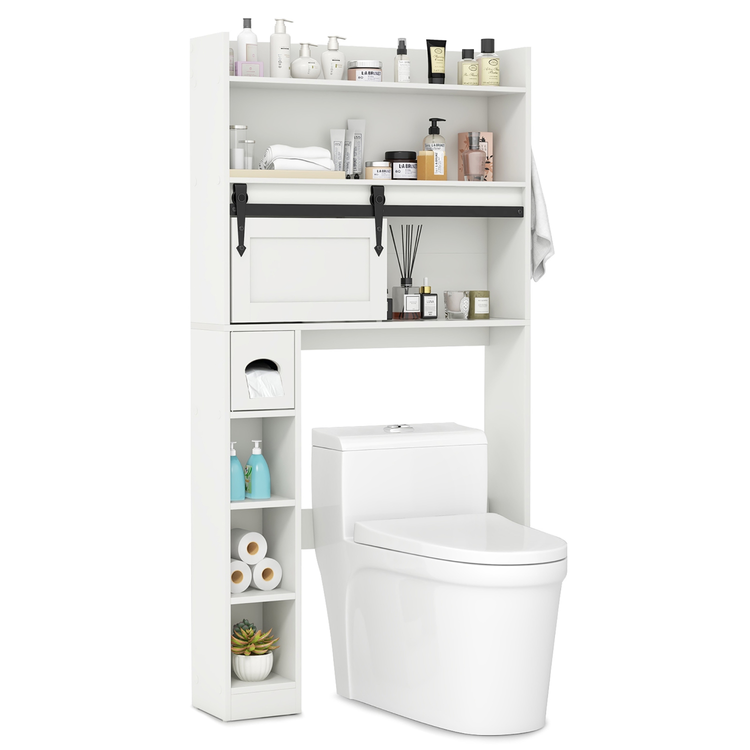 Gymax Over The Toilet Storage Cabinet w/ Sliding Barn Door Adjustable Shelves 2 Hooks