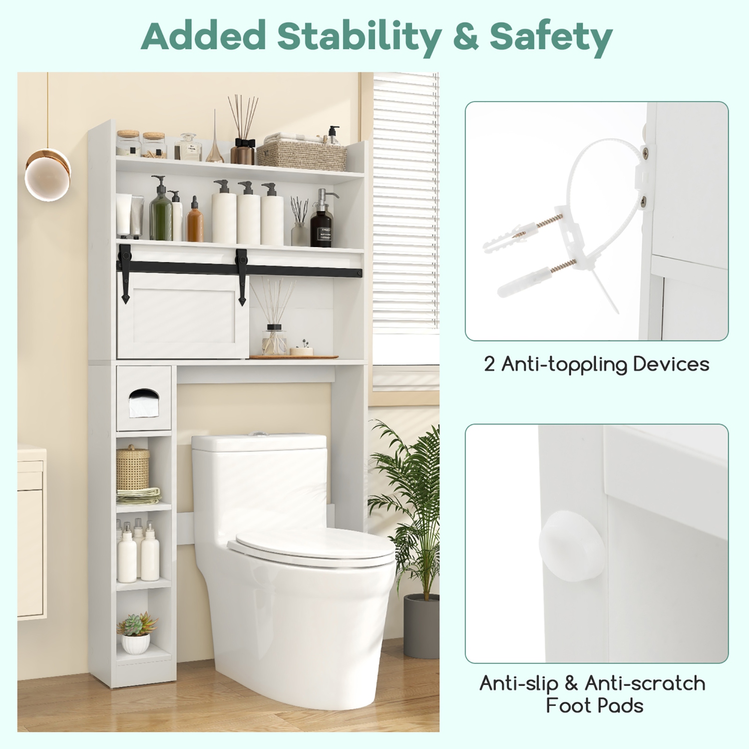 Gymax Over The Toilet Storage Cabinet w/ Sliding Barn Door Adjustable Shelves 2 Hooks