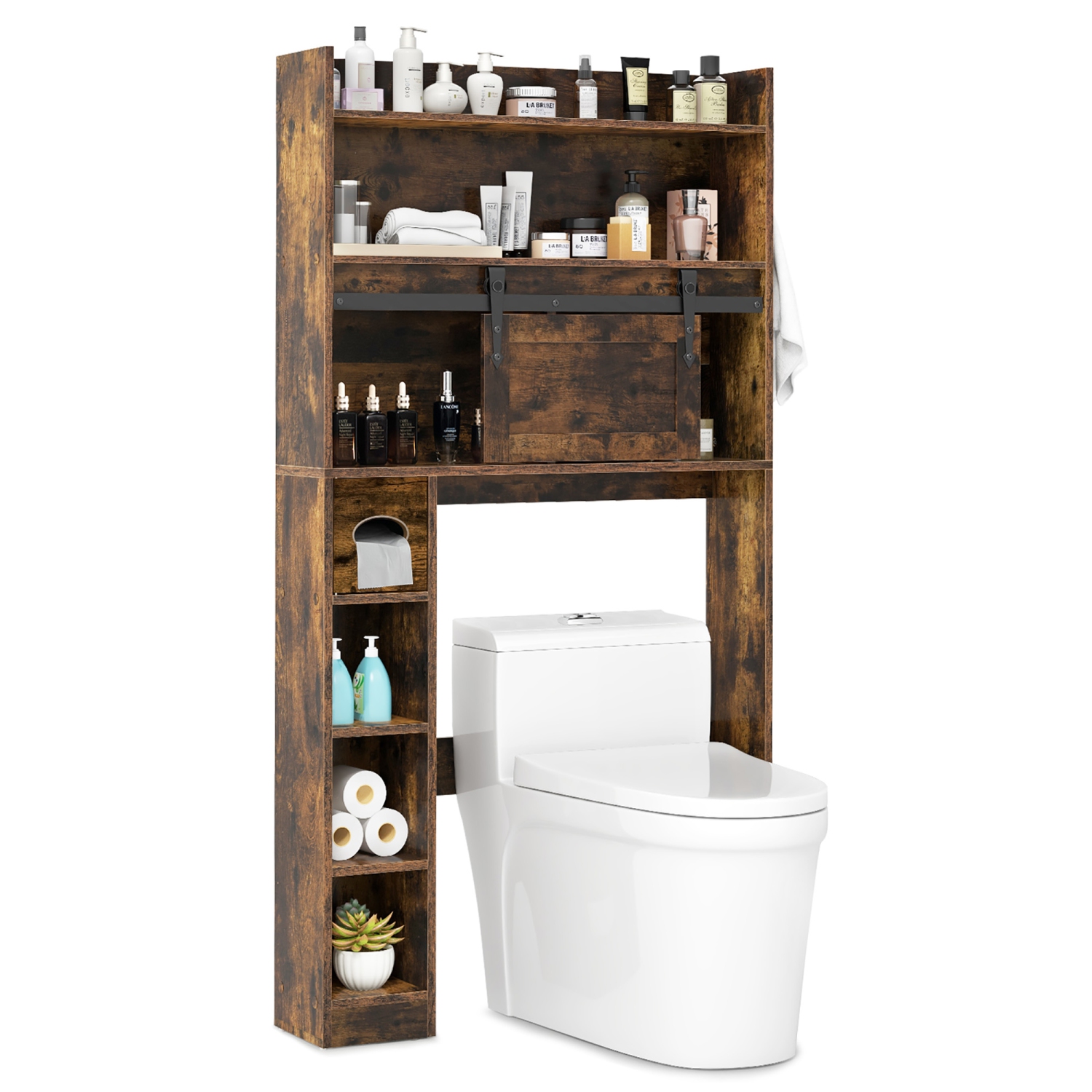Gymax Over The Toilet Storage Cabinet w/ Sliding Barn Door Adjustable Shelves 2 Hooks
