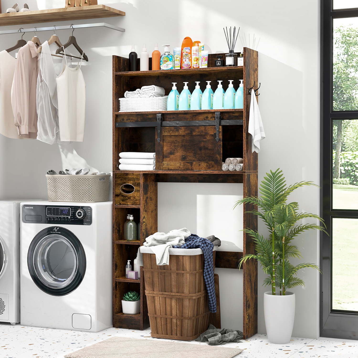 Gymax Over The Toilet Storage Cabinet w/ Sliding Barn Door Adjustable Shelves 2 Hooks