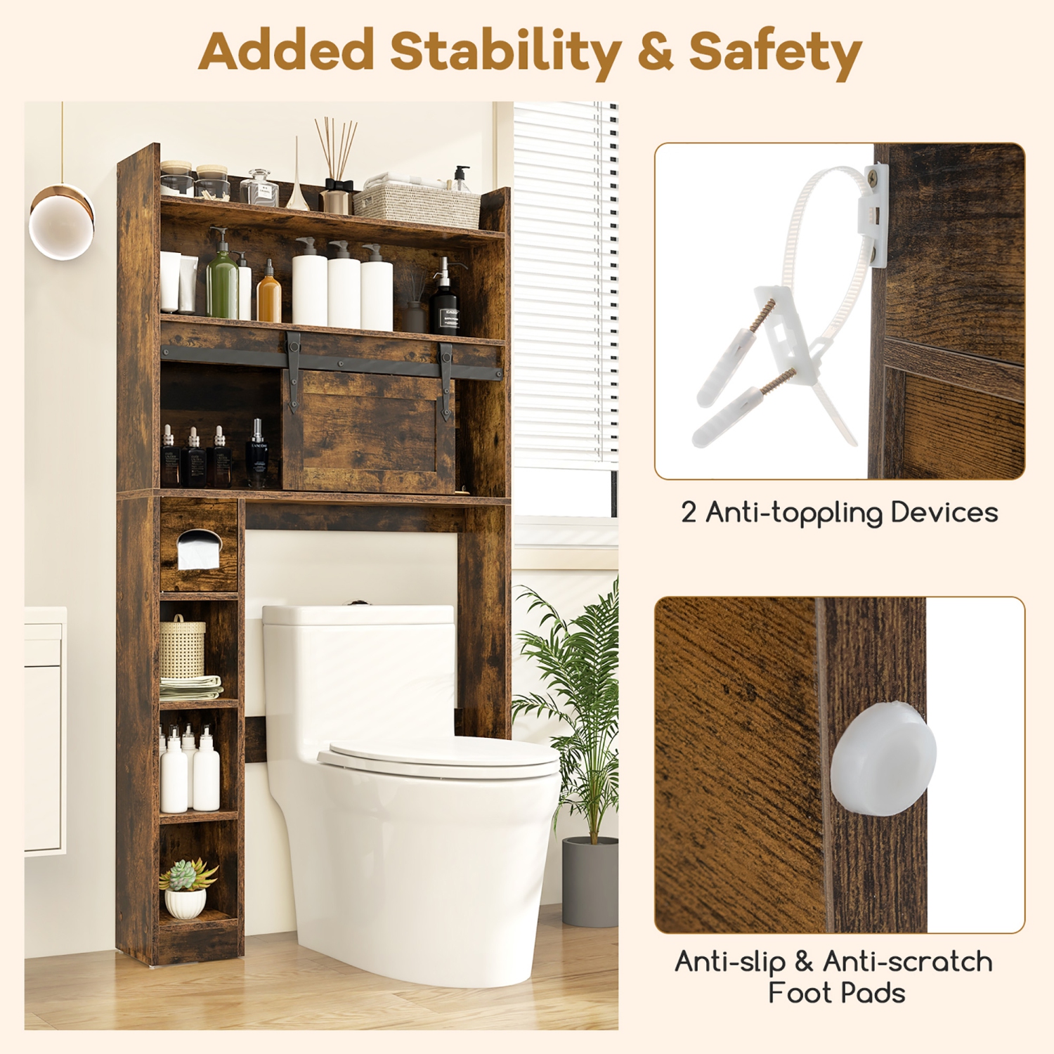 Gymax Over The Toilet Storage Cabinet w/ Sliding Barn Door Adjustable Shelves 2 Hooks