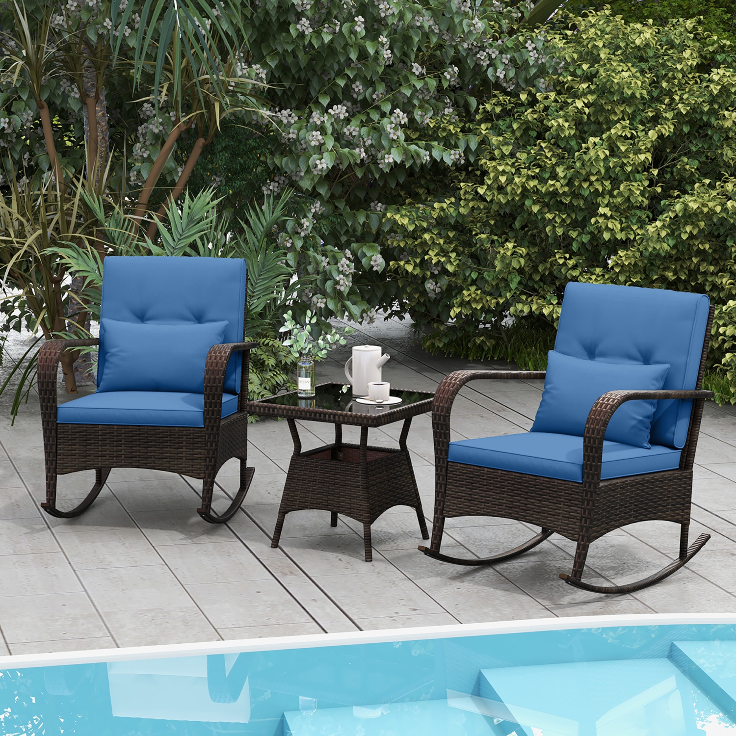 Gymax 3 Piece Outdoor Rocking Set Rattan Rocker Chairs w/ Tempered Glass Coffee Table