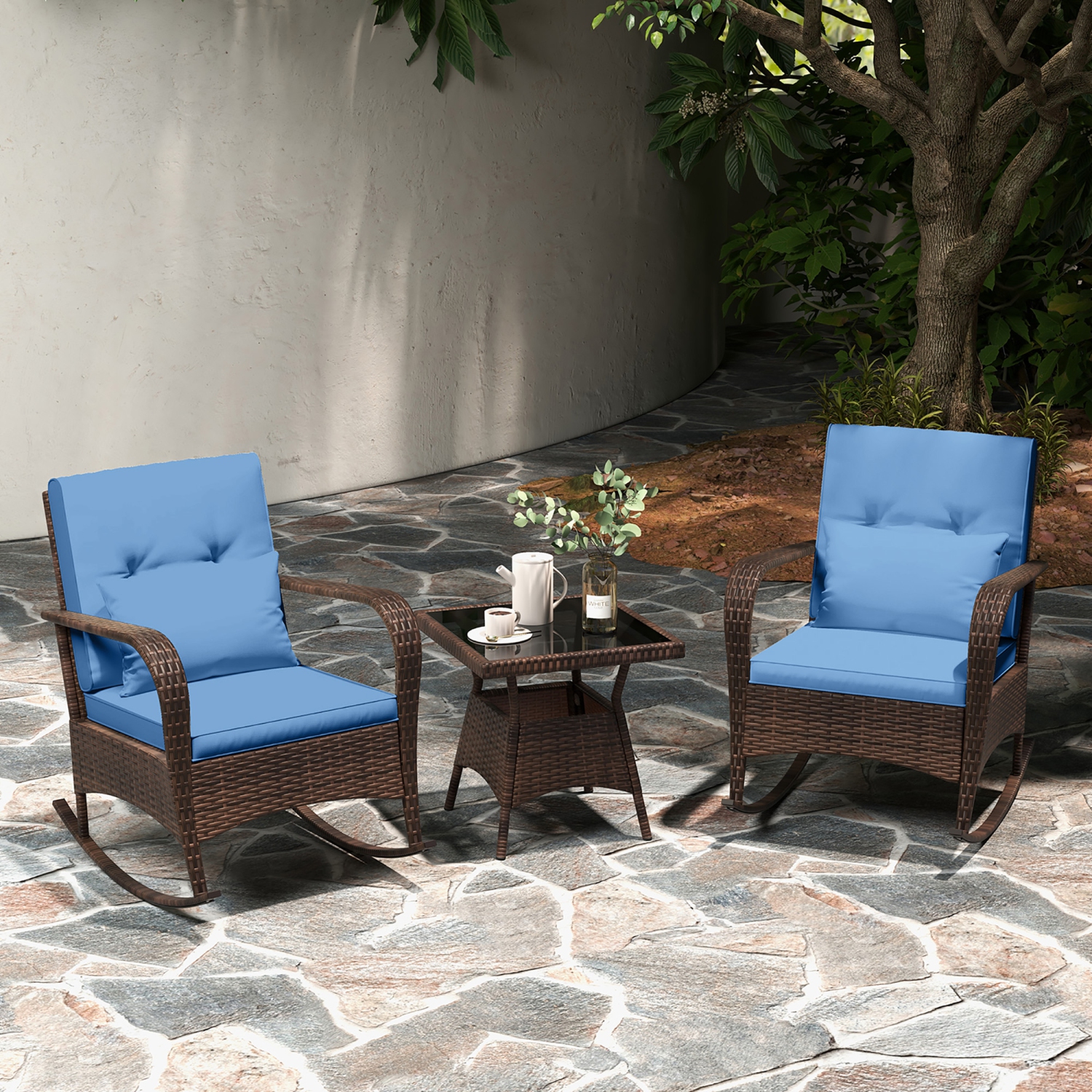 Gymax 3 Piece Outdoor Rocking Set Rattan Rocker Chairs w/ Tempered Glass Coffee Table