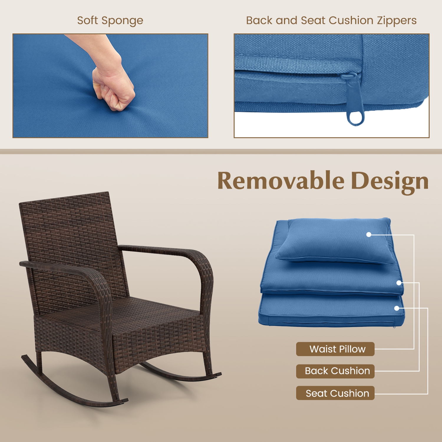 Gymax 3 Piece Outdoor Rocking Set Rattan Rocker Chairs w/ Tempered Glass Coffee Table