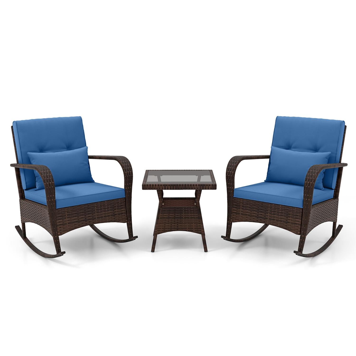 Gymax 3 Piece Outdoor Rocking Set Rattan Rocker Chairs w/ Tempered Glass Coffee Table