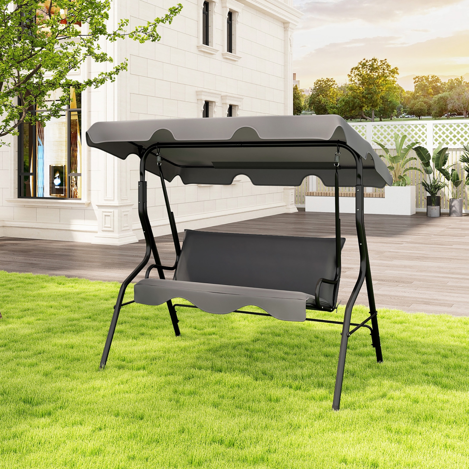 Gymax 3-Person Swing Chair Porch Swing Seat w/ Adjustable Canopy Removable Cushion