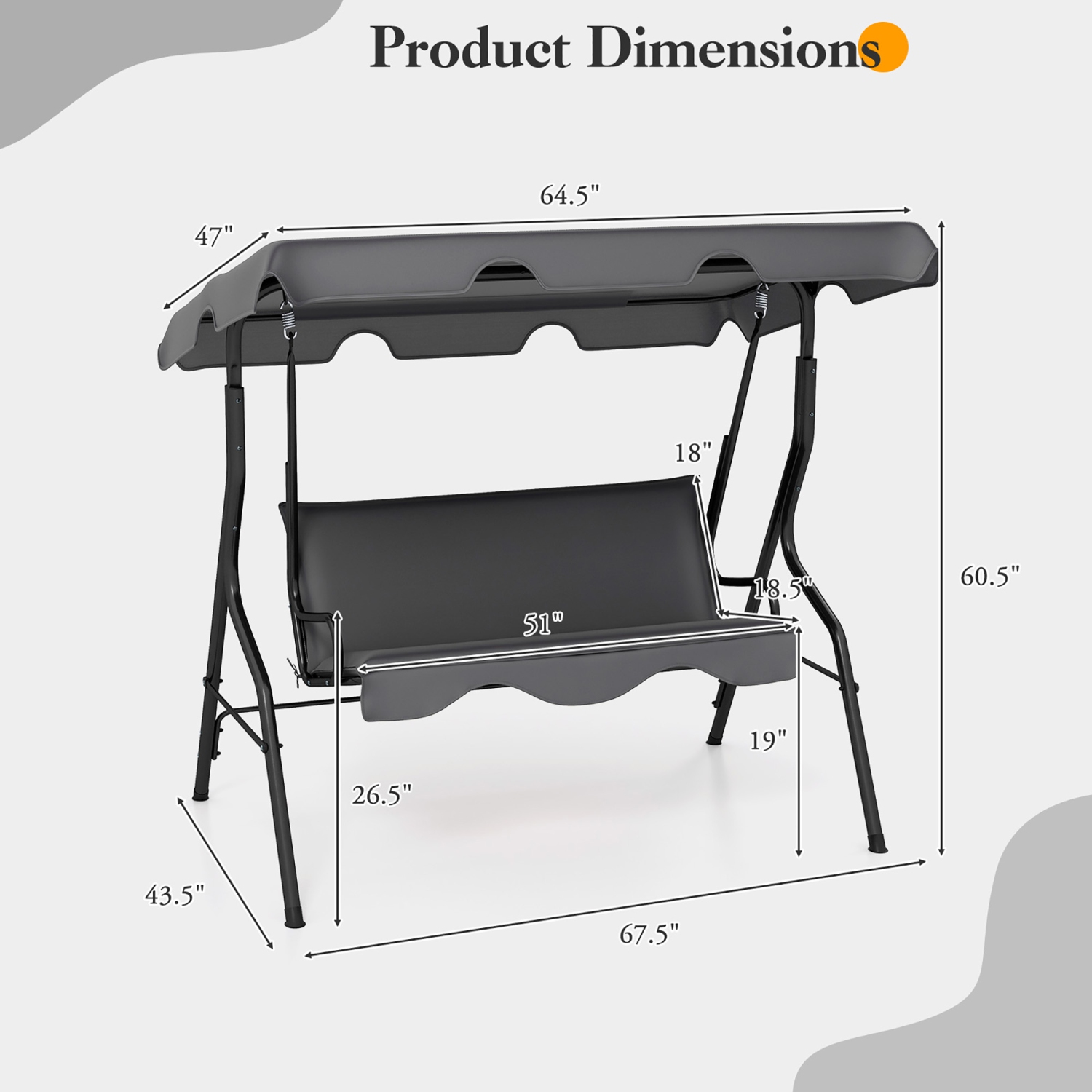 Gymax 3-Person Swing Chair Porch Swing Seat w/ Adjustable Canopy Removable Cushion