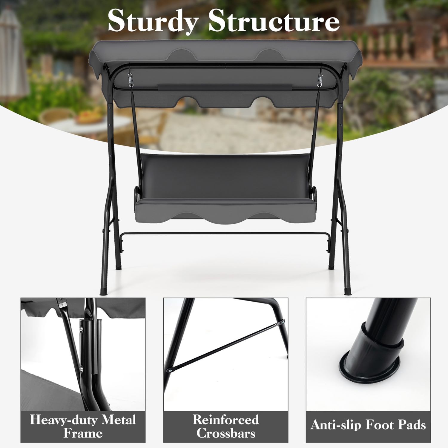 Gymax 3-Person Swing Chair Porch Swing Seat w/ Adjustable Canopy Removable Cushion