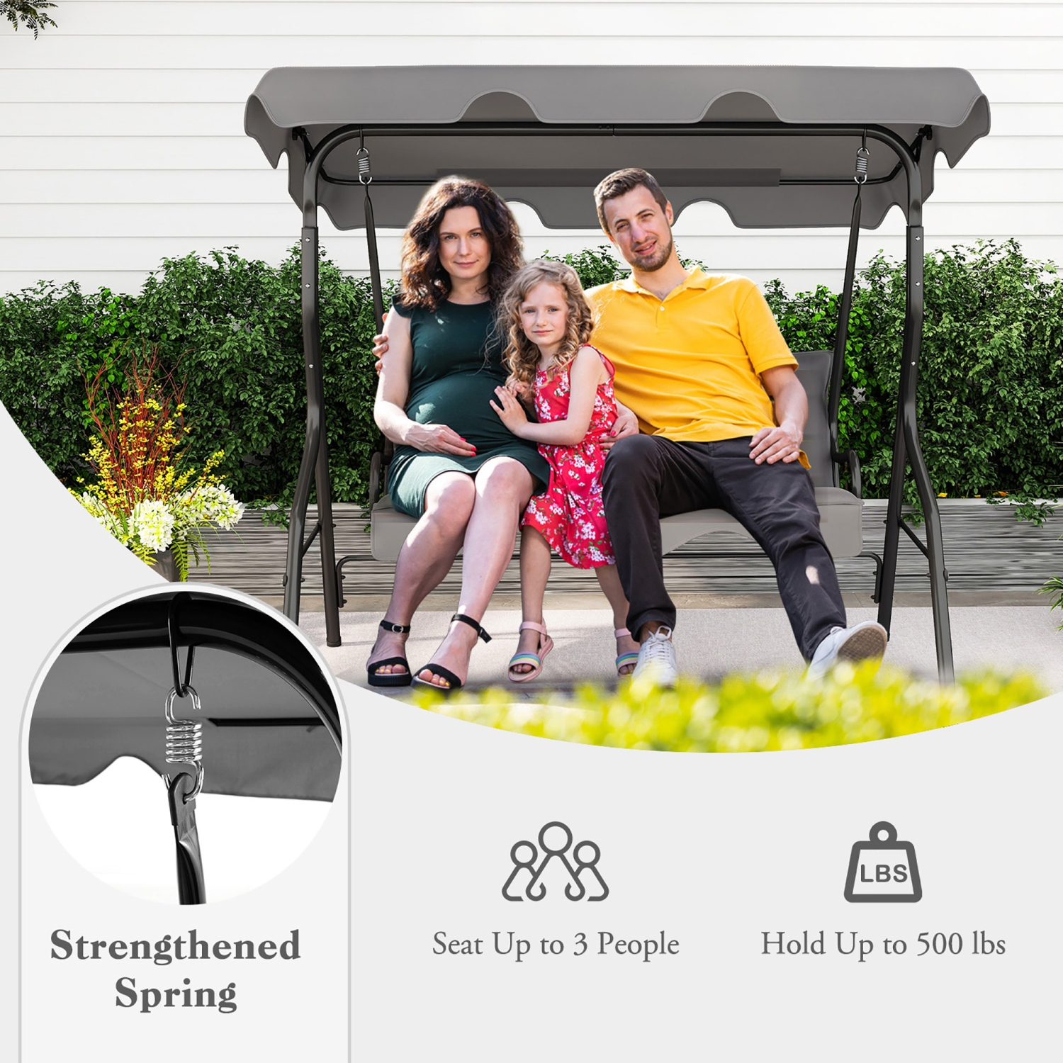 Gymax 3-Person Swing Chair Porch Swing Seat w/ Adjustable Canopy Removable Cushion