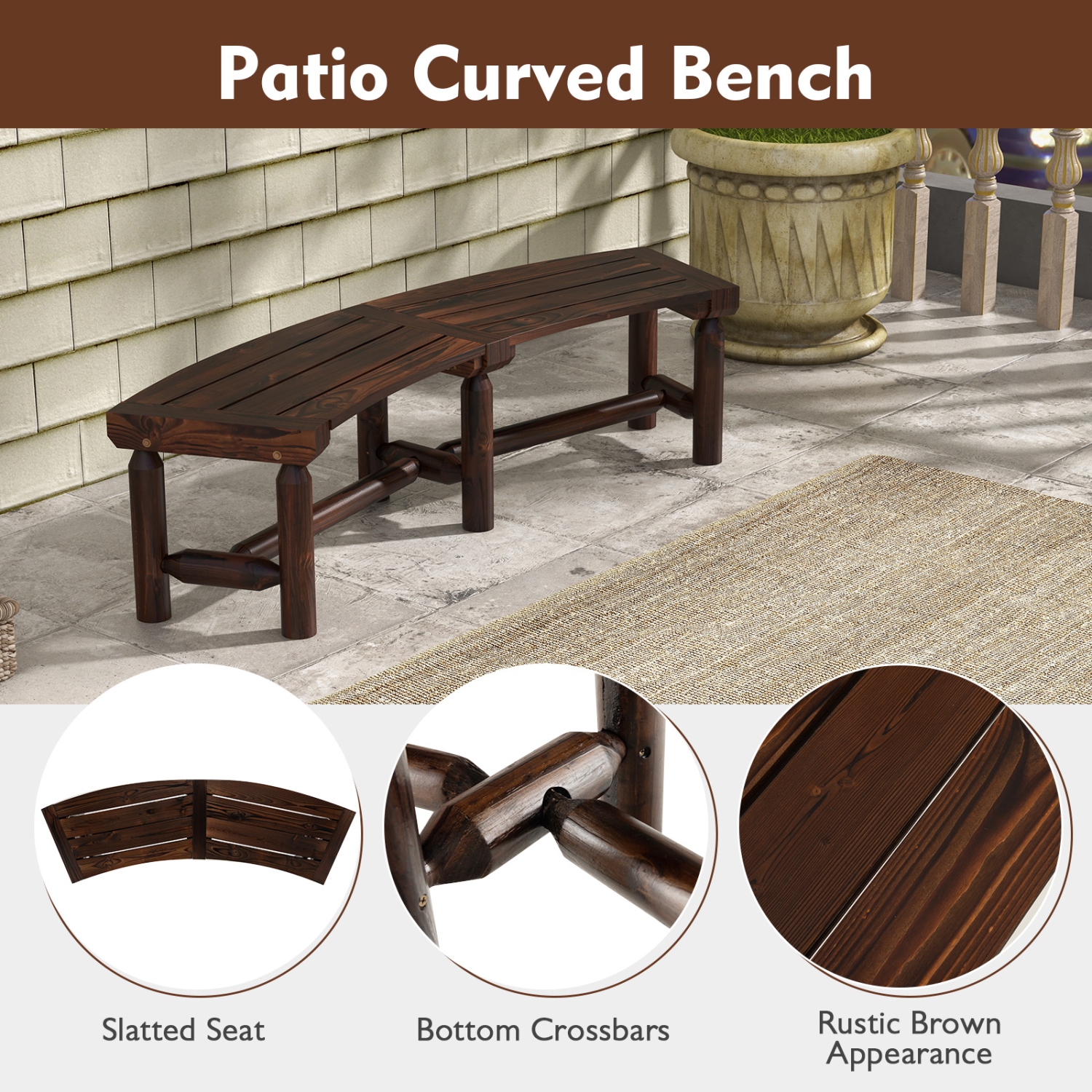 Gymax Curved Bench Carbonized Wood Dining Bench for Round Table 710 LBS Max Load Patio