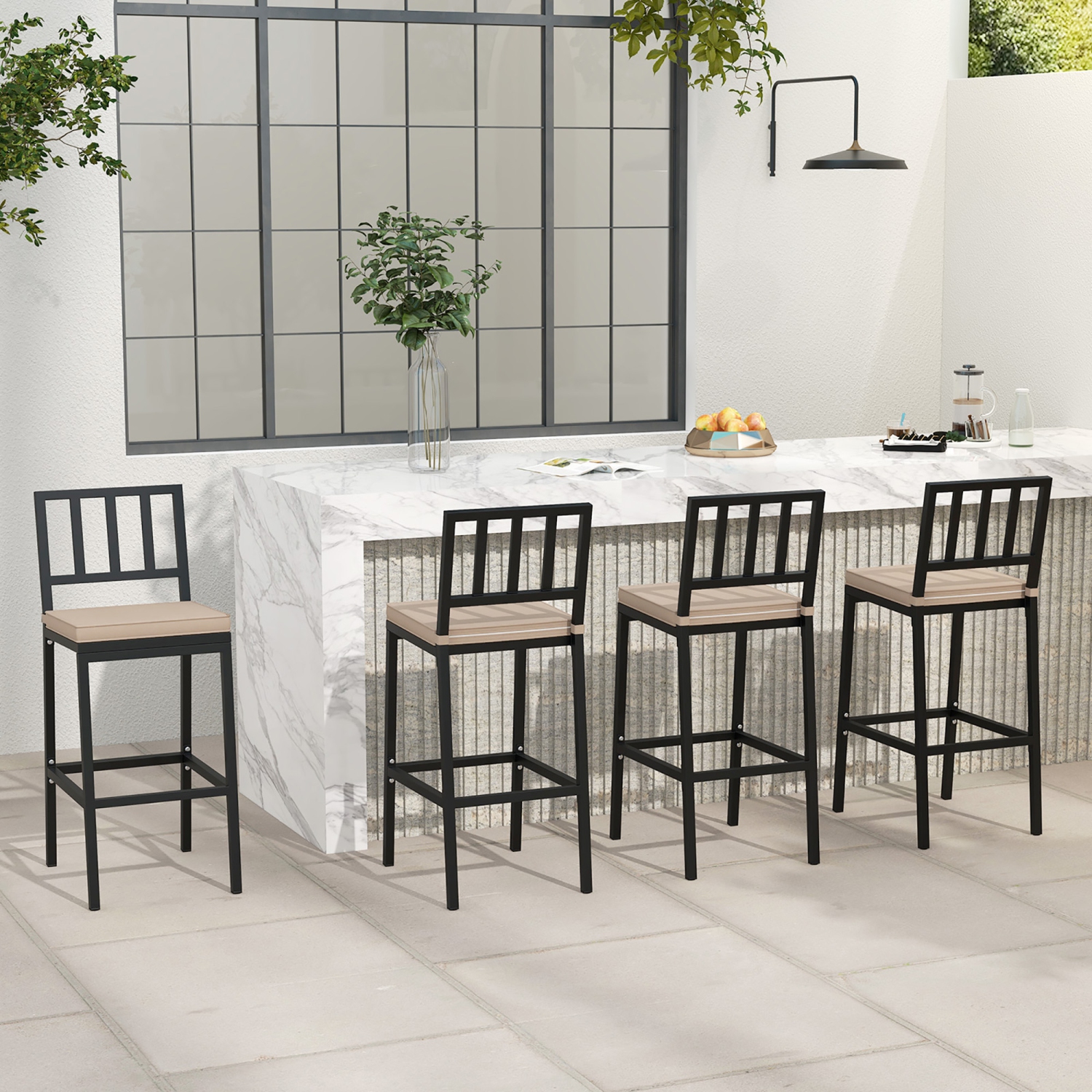 Gymax Patio Bar Chair Set of 2 Heavy Duty Metal All Weather Bar Stools w/ Backrest