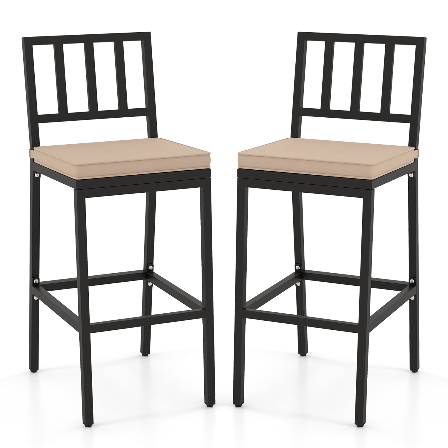 Gymax Patio Bar Chair Set of 2 Heavy Duty Metal All Weather Bar Stools w/ Backrest
