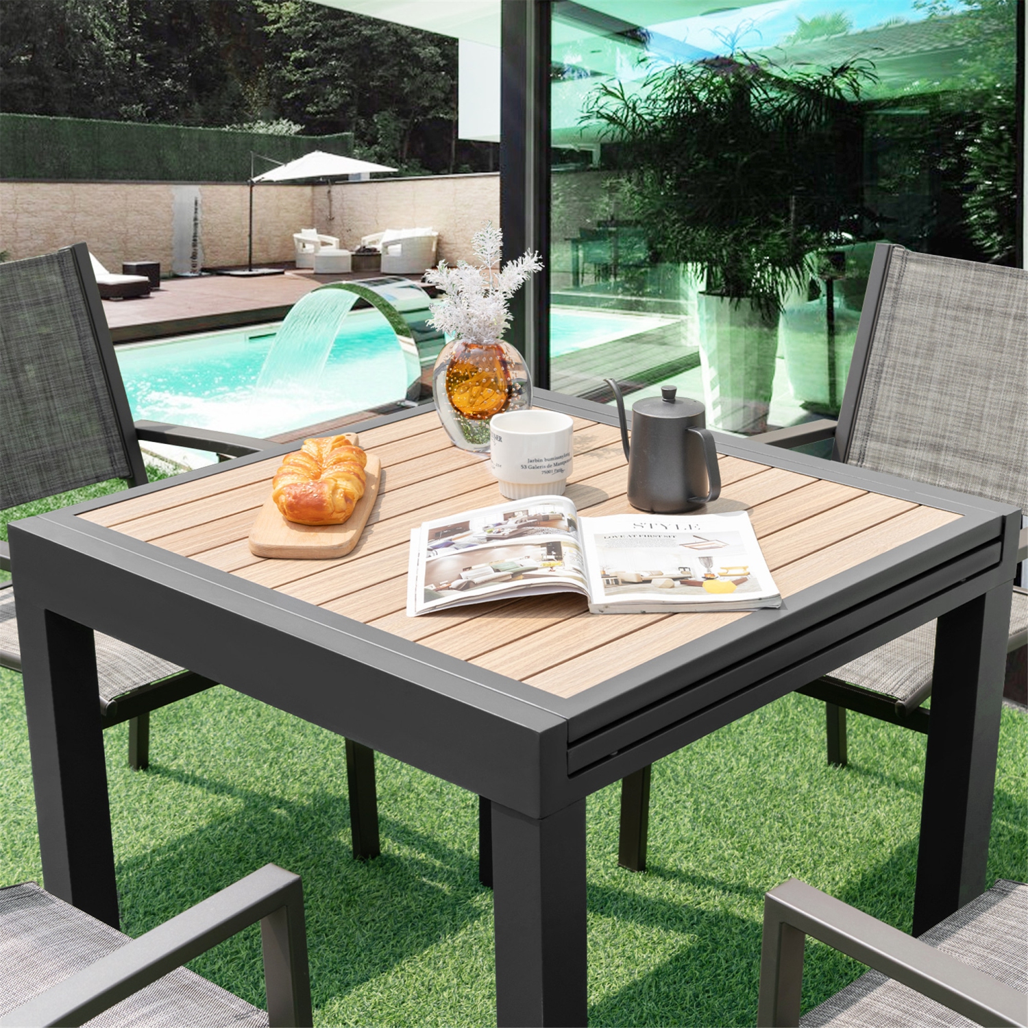 Gymax 31.5''-63'' Extendable Patio Table L-shaped Brace Included for Fixation Outdoor