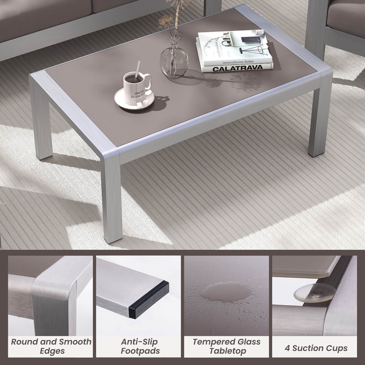 Gymax Outdoor Rectangle Coffee Table Aluminum Side Table w/ Tempered Glass Tabletop