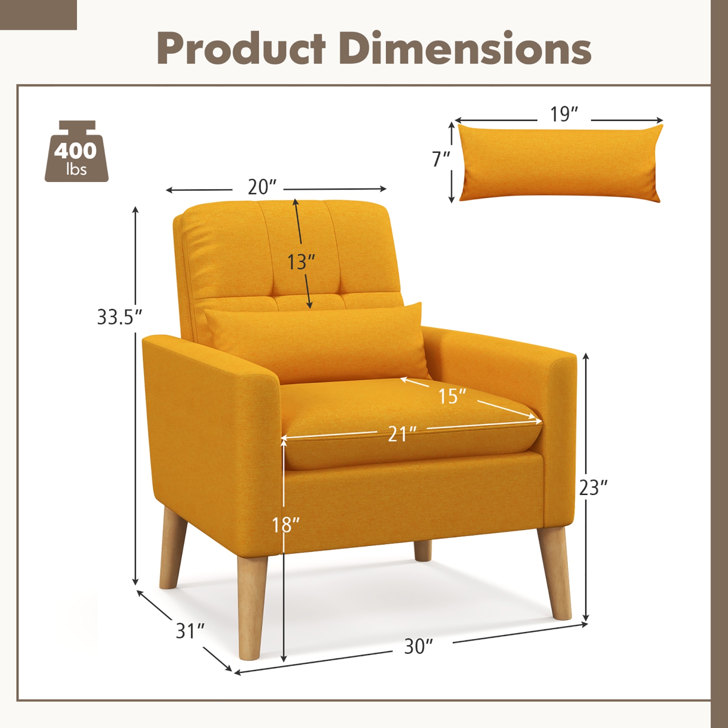 Gymax 2 PCS Mid-century Modern Accent Chair Linen Fabric Reading Armchair w/ Lumbar Pillow